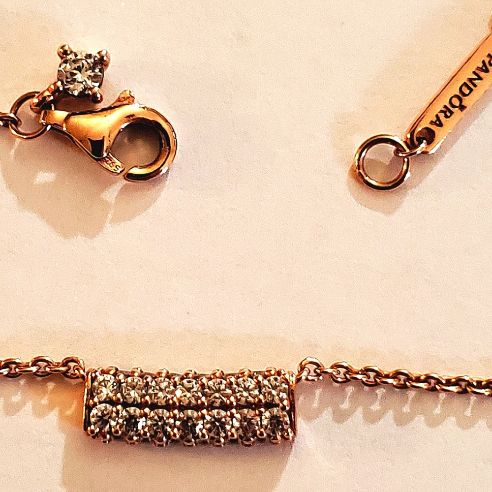 Authentic NEW Pandora Timeless Pavé Double-row CZ Bar Collier Necklace 14kRGP - Picture 4 of 11